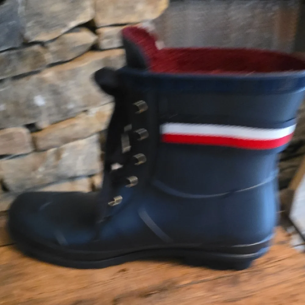 Tommy Hilfiger Black Combat Style Rain Boots with Red Interior